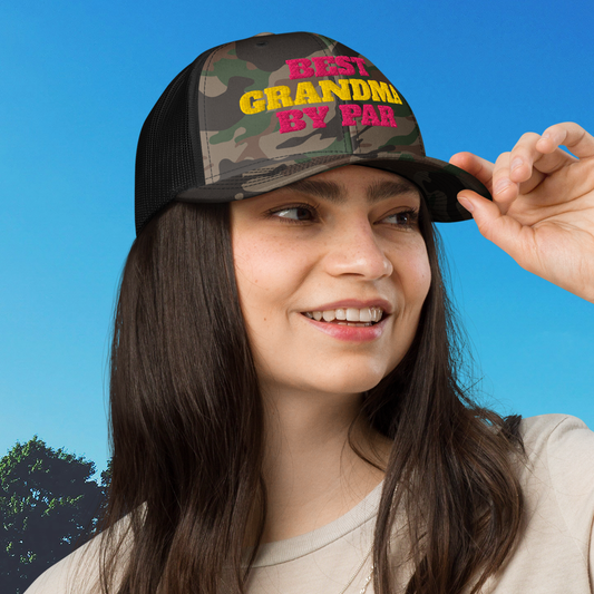 Black camo trucker hat best grandma by par bold pink yellow embroidery front model