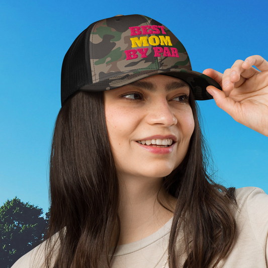 Black camo trucker hat best mom by par bold pink yellow embroidery front view model