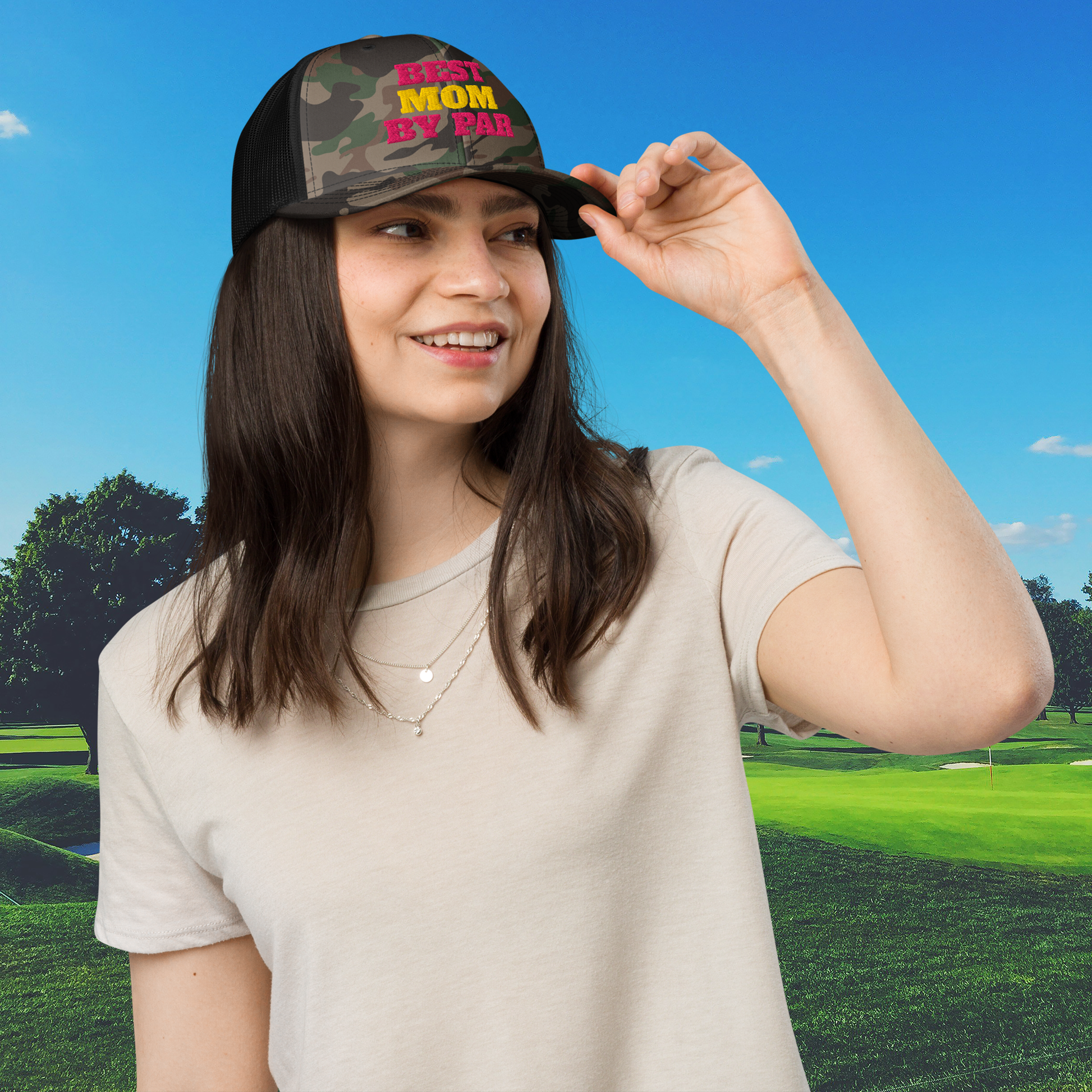 Black structured 6-panel low profile cap best mom by par pink yellow wording