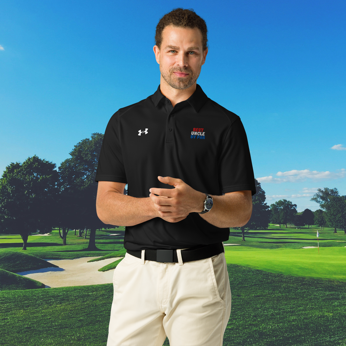 black performance golf polo shirt with fun uncle message