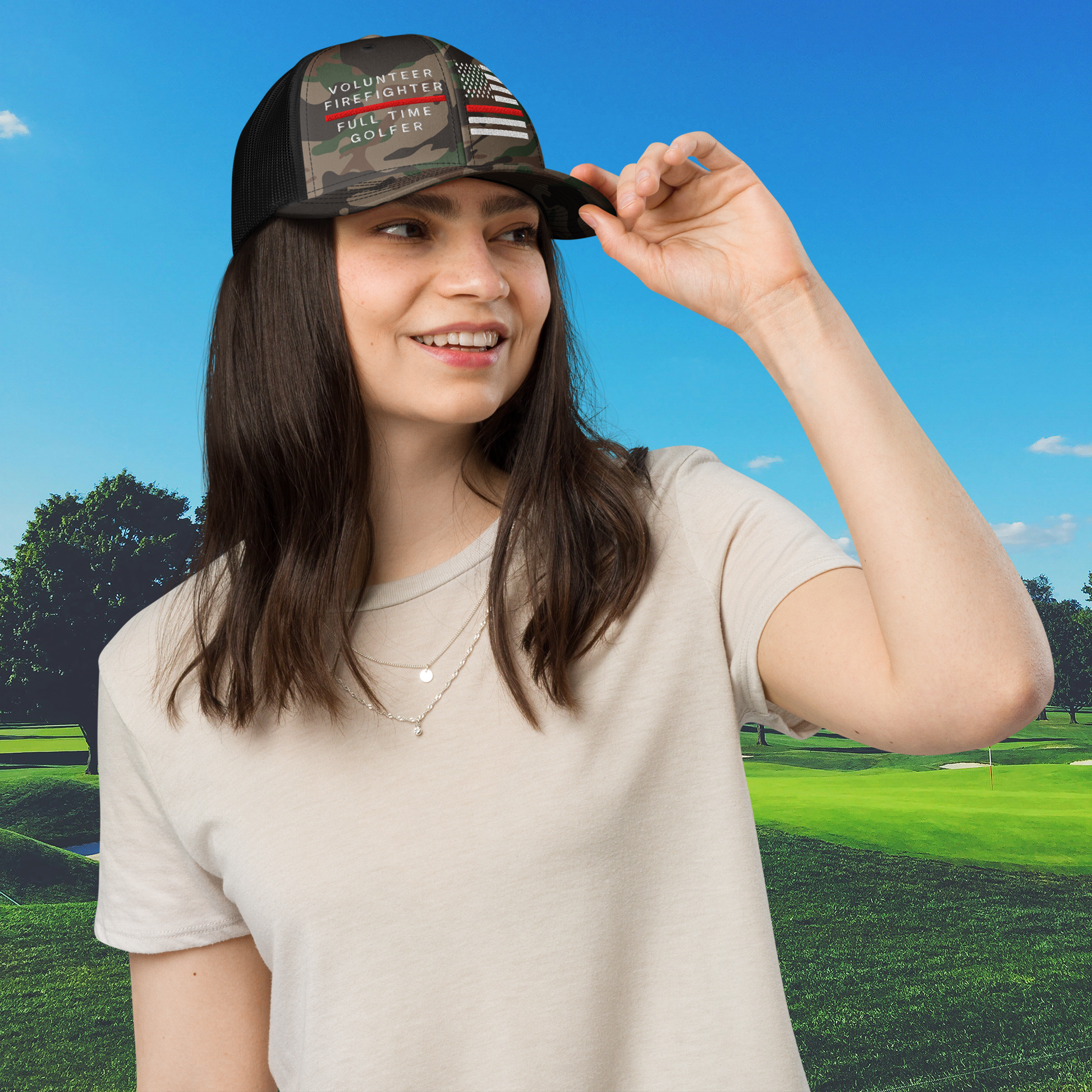 Camo black trucker cap structured 6-panel low profile women's golf hat