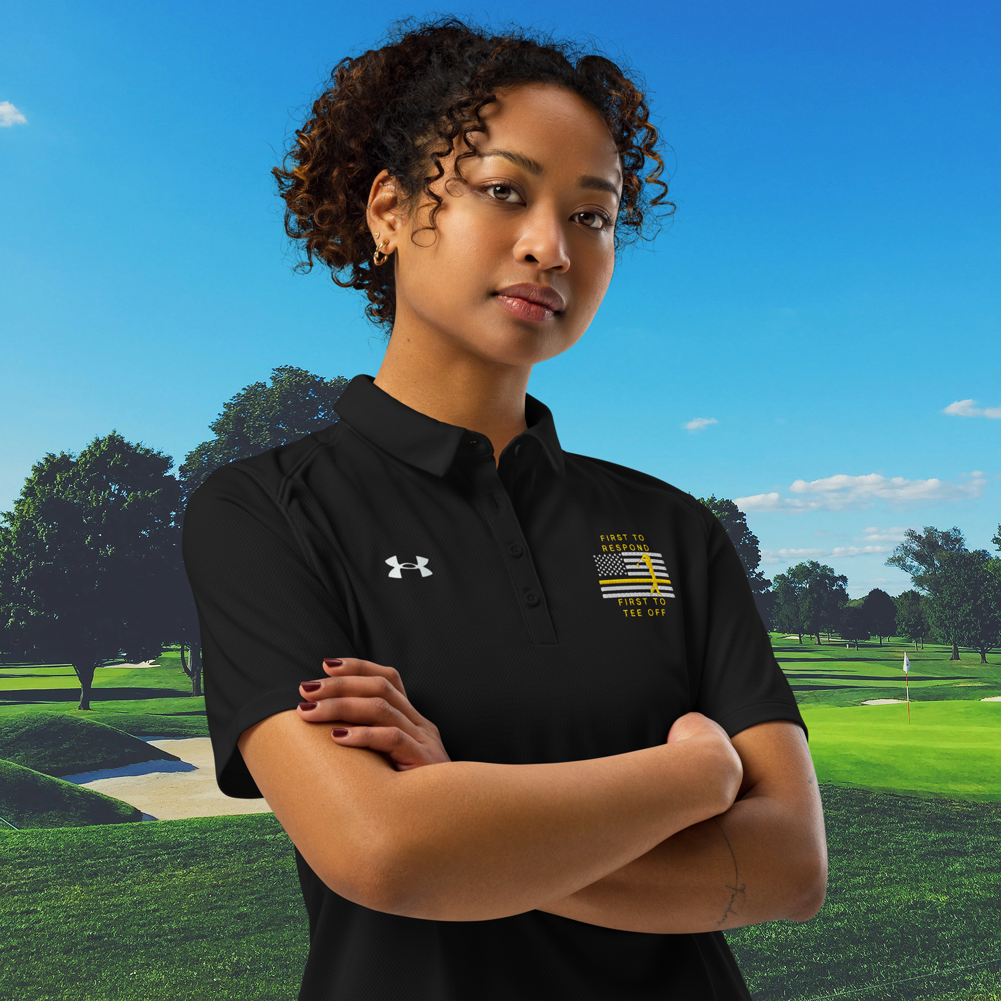 Black performance polo for women featuring First To Respond First To Tee Off graphic
