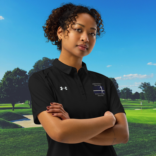 Black performance golf polo for women featuring Emergency Trained Golf Game Insane text