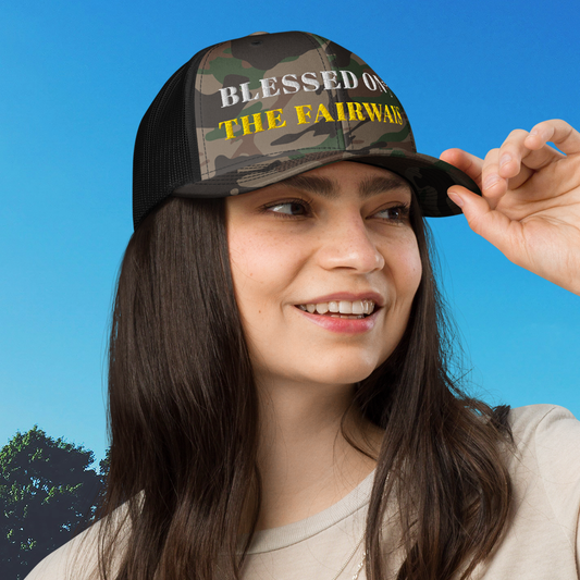 Blessed On The Fairways black camo trucker hat front view