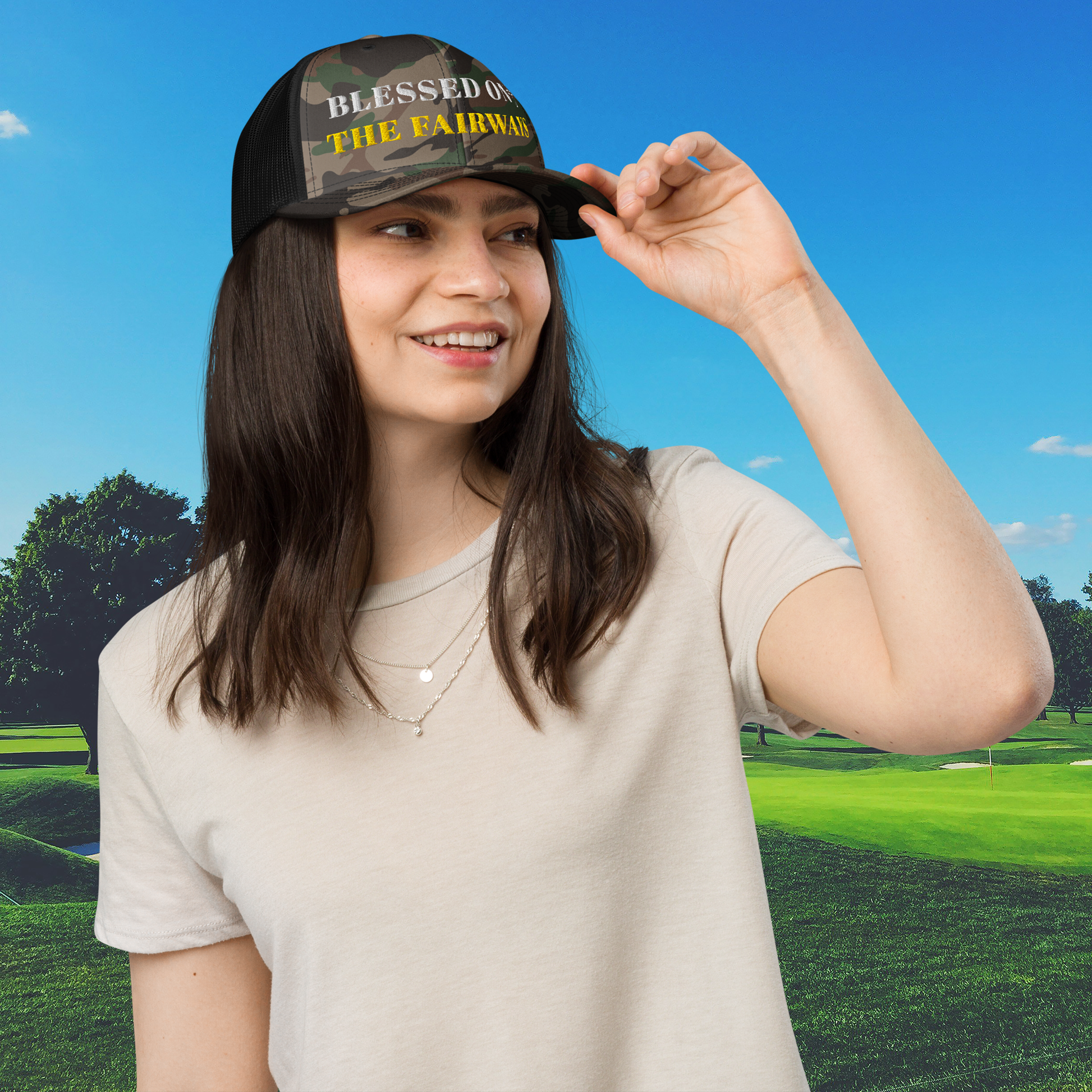 Black camo Christian golf hat blessed on the fairways