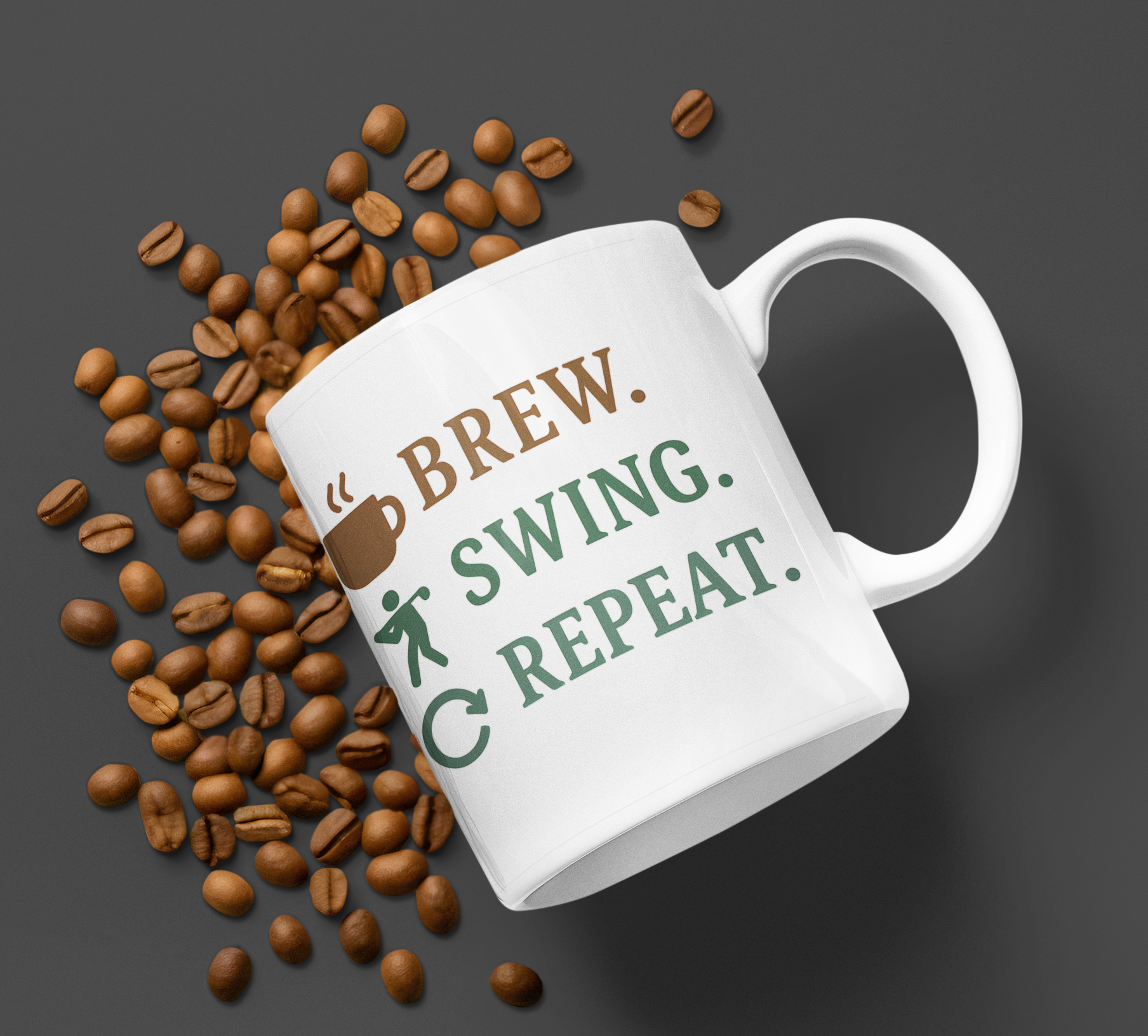 Mug with BREW SWING REPEAT text and matching golf-themed icons