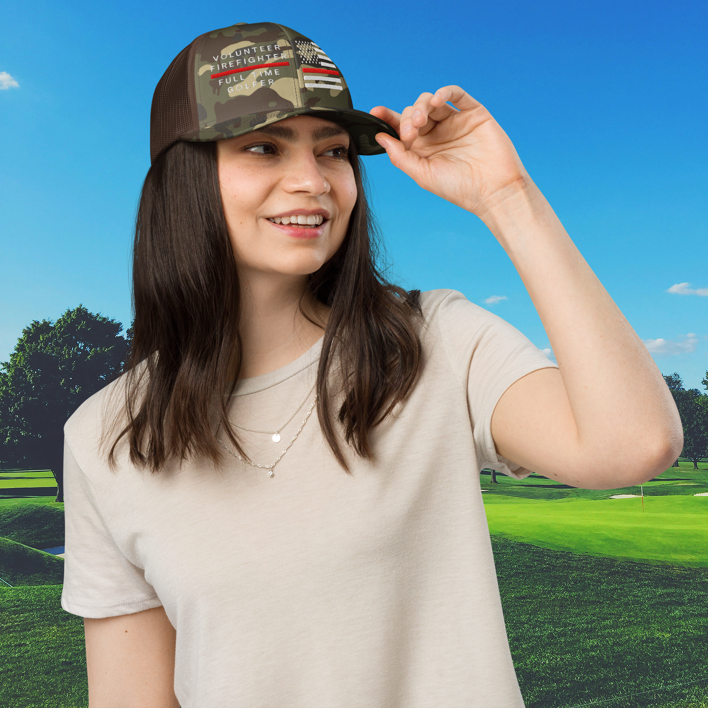 Brown camo women's trucker hat firefighter golf gift adjustable snap back