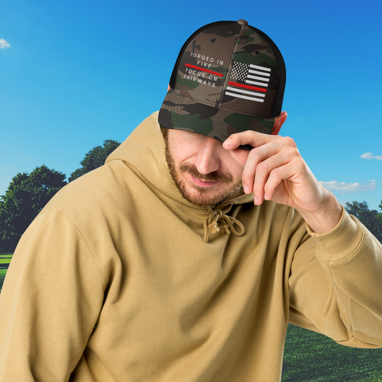 Black fire department cap with patriotic USA flag golf design