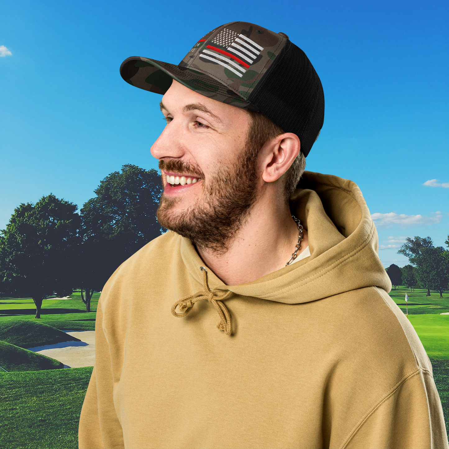 Black mesh back golf cap with fire service inspired front graphic