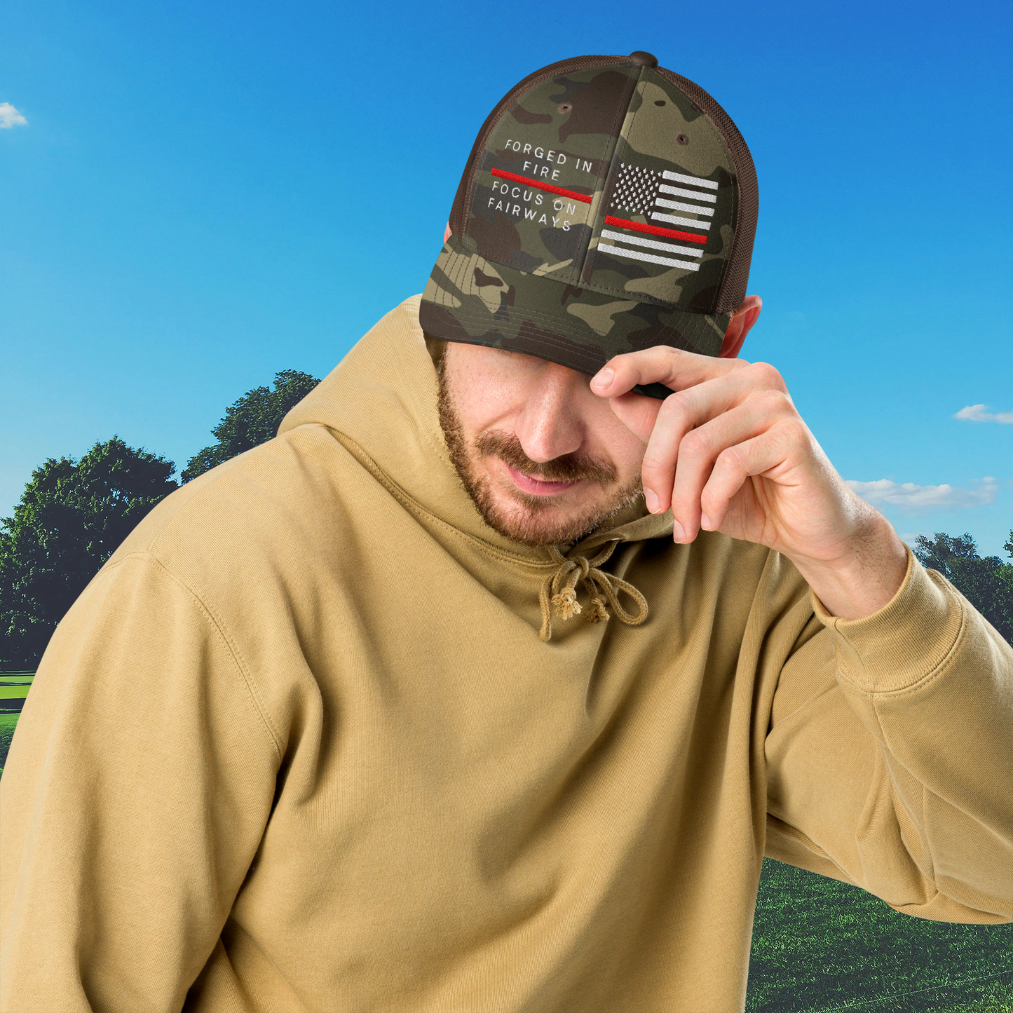 Brown golf trucker cap with Thin Red Line flag