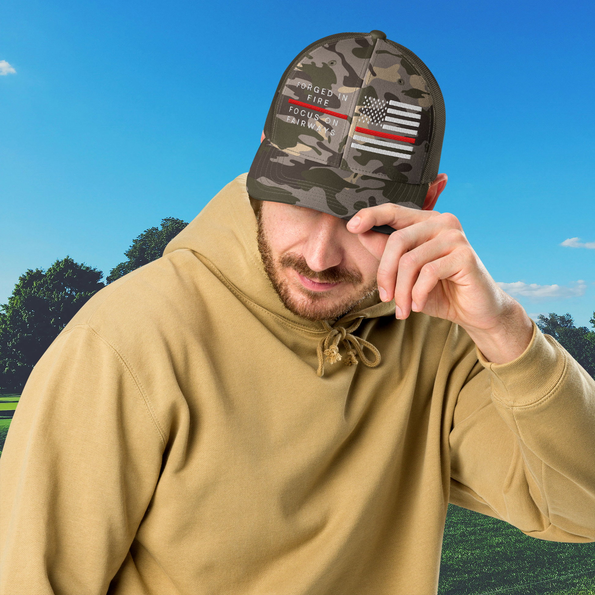 Olive golf trucker cap with Thin Red Line flag 