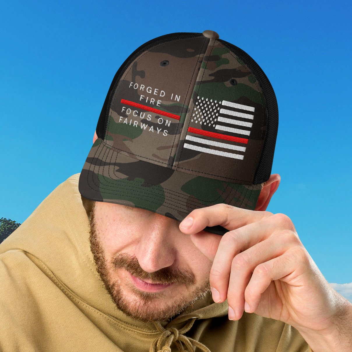 Golf Hat  Forged in Fire Focus on Fairways Camo Trucker