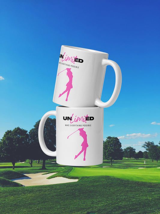 Inspirational pink golf swing design on white ceramic coffee cup