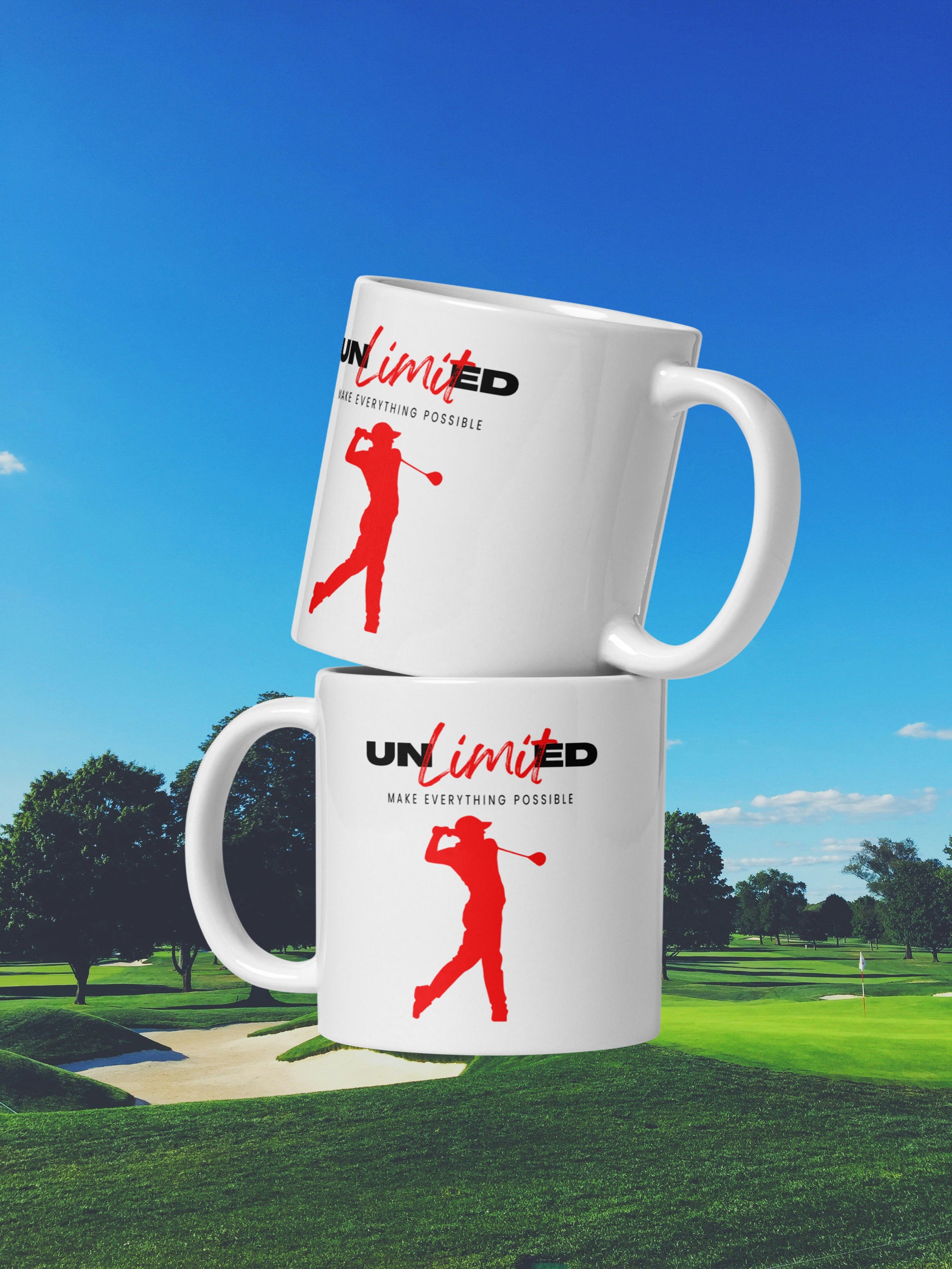 Coffee mug with bold golfer figure and UNLimited graphic