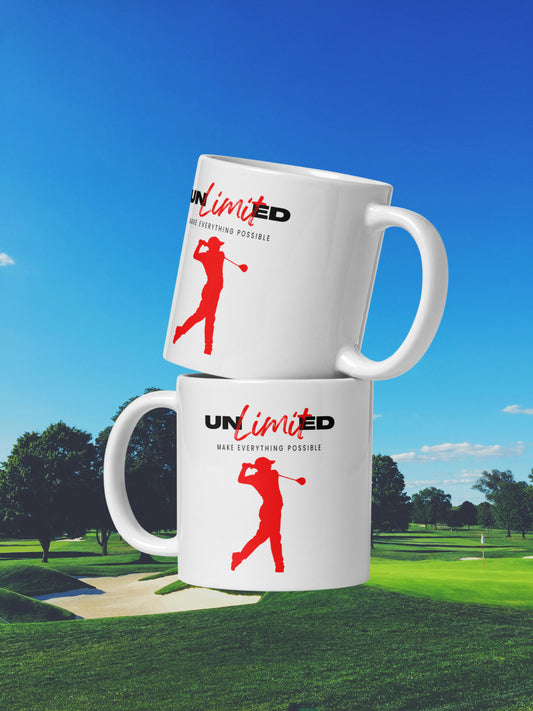 Coffee mug with bold golfer figure and UNLimited graphic