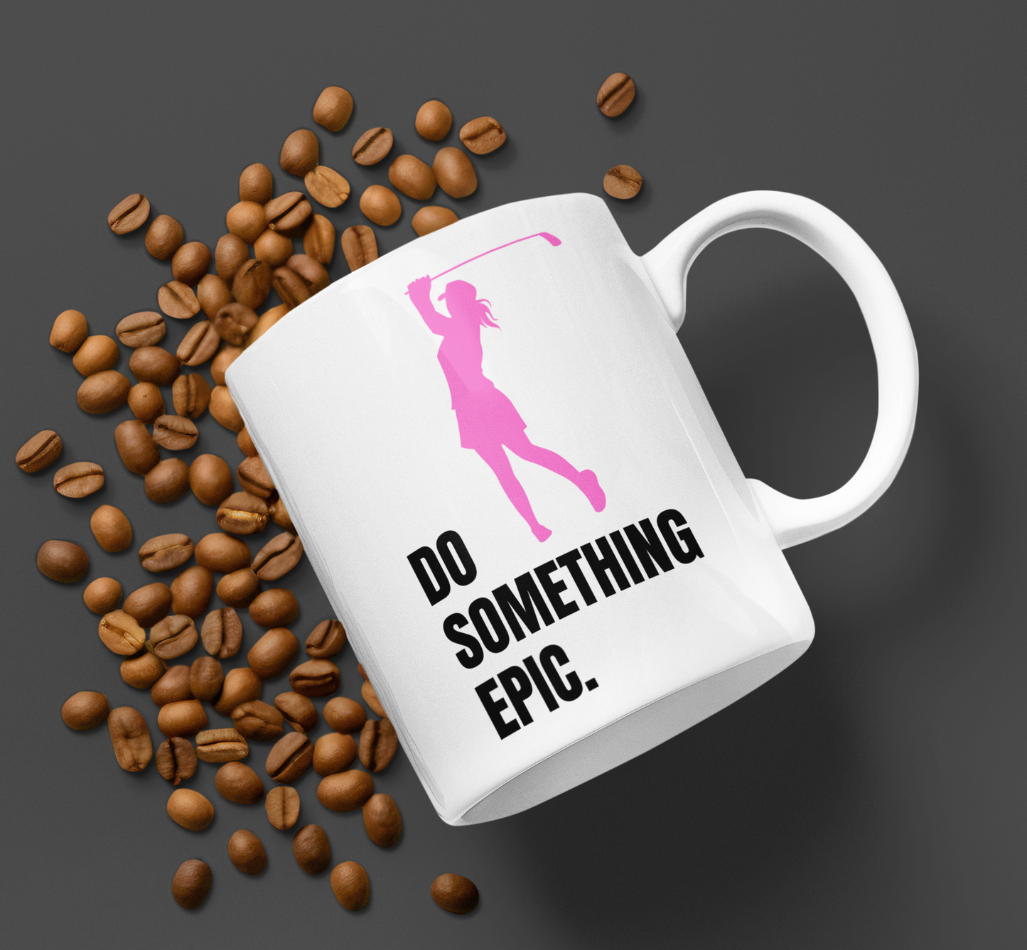 Do something epic 11oz white ceramic mug pink female golfer silhouette front view