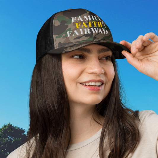 Family Faith Fairways black camo trucker hat front view