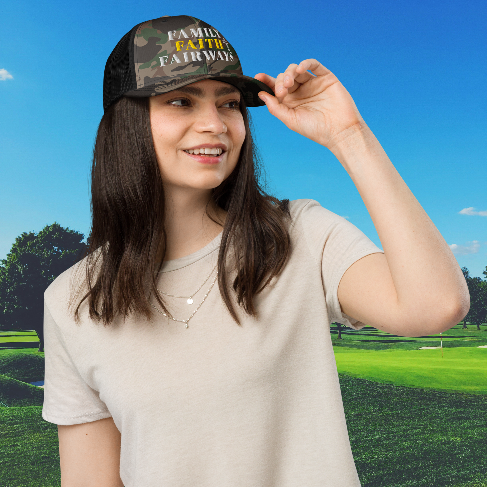 Family Faith Fairways black camo trucker hat side view