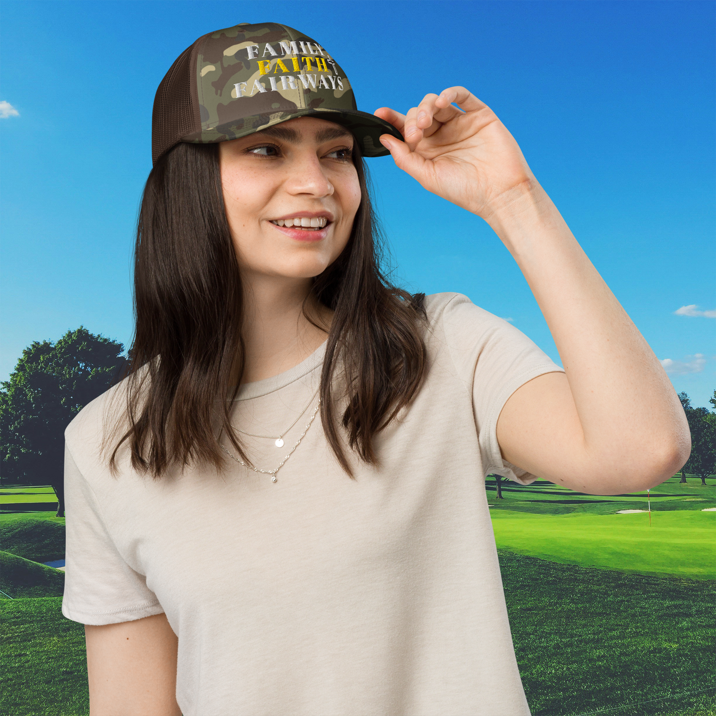 Family Faith Fairways brown camo trucker hat front view model