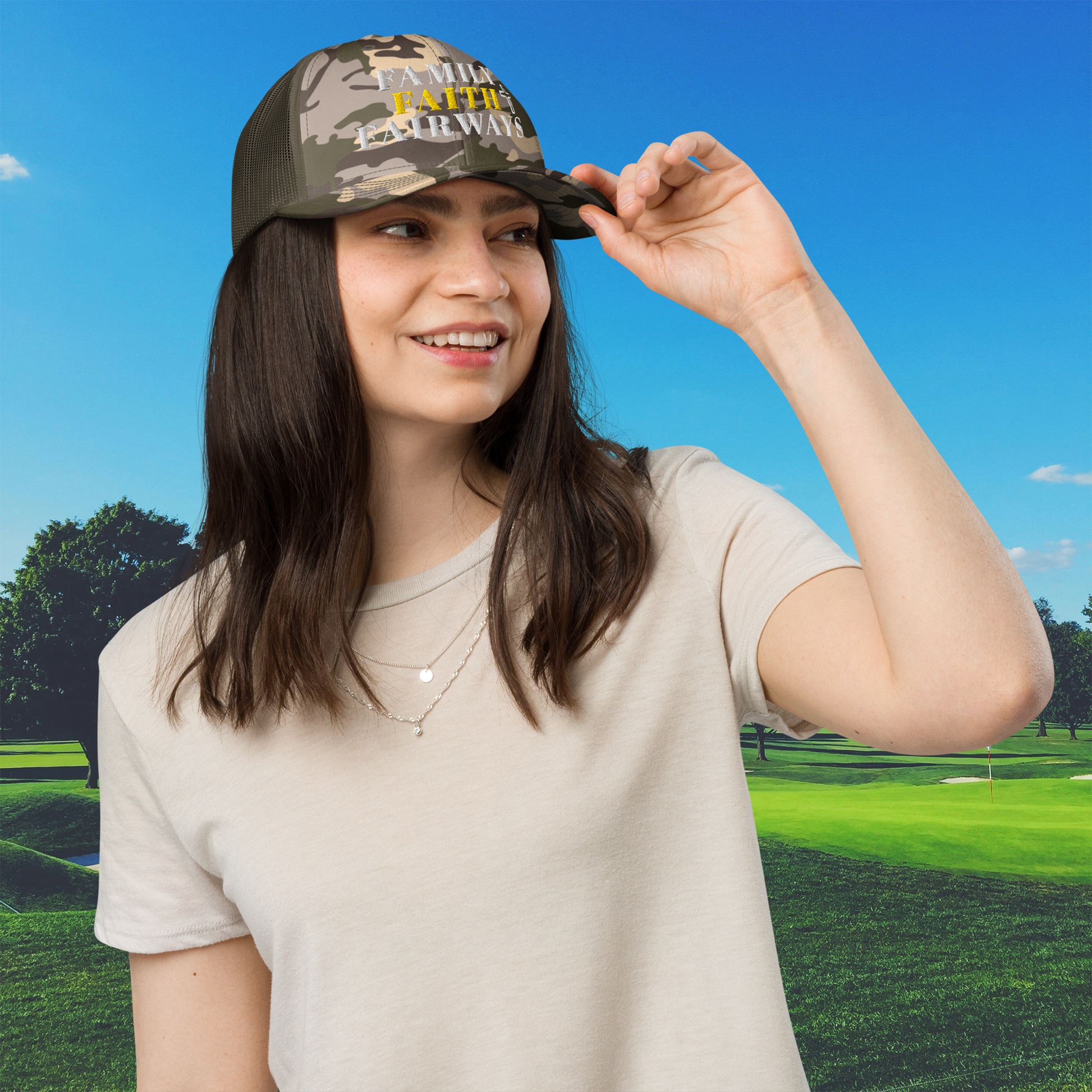 Family Faith Fairways olive cap white and gold cross embroidery