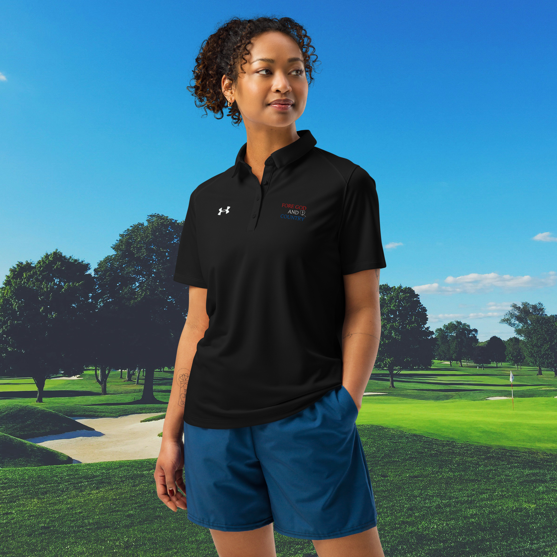 women’s polo shirt with patriotic faith message on chest