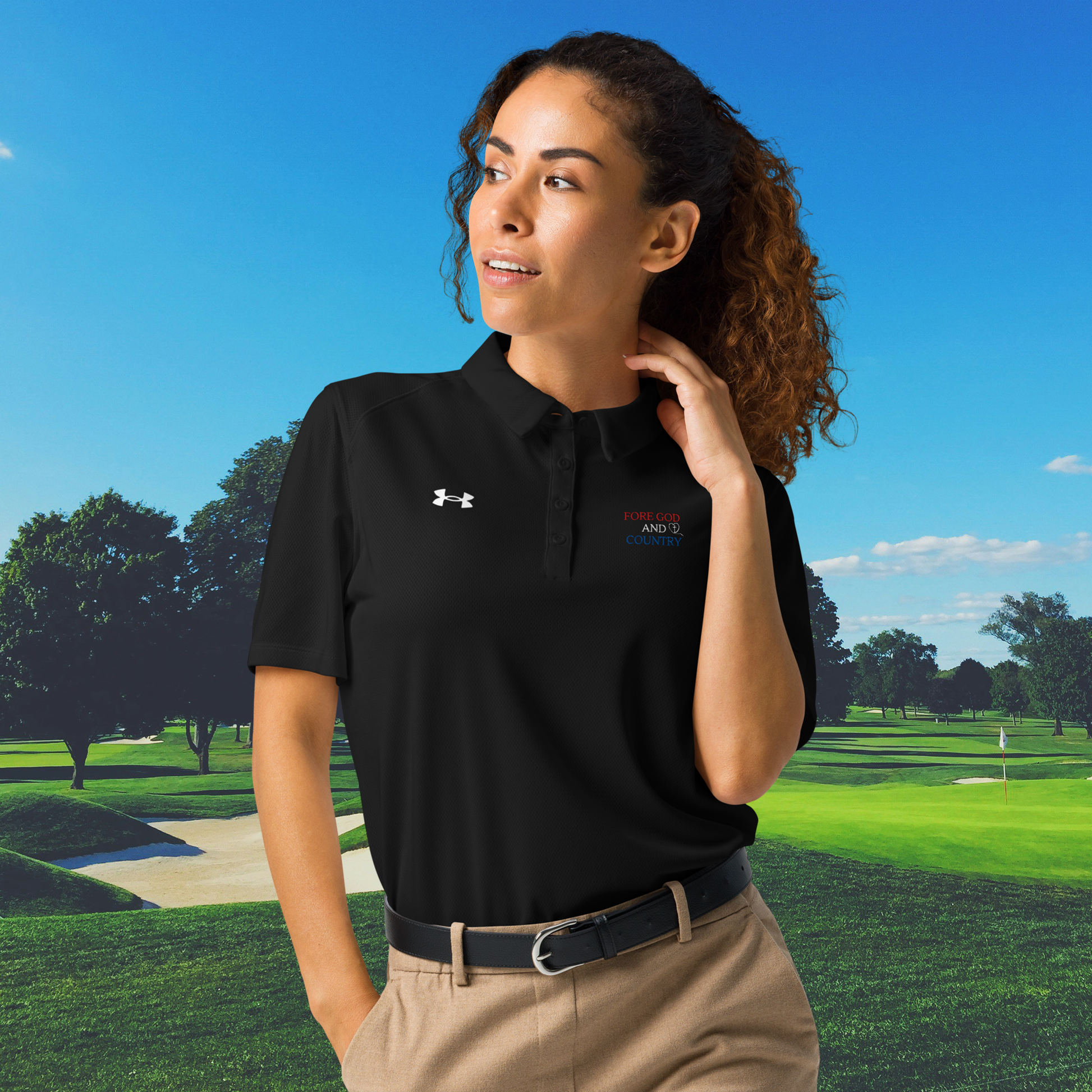 Under Armour ladies polo with Fore God and Country design