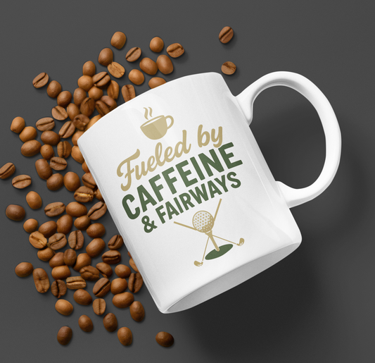 Mug with Fueled by Caffeine & Fairways quote and golf icon design