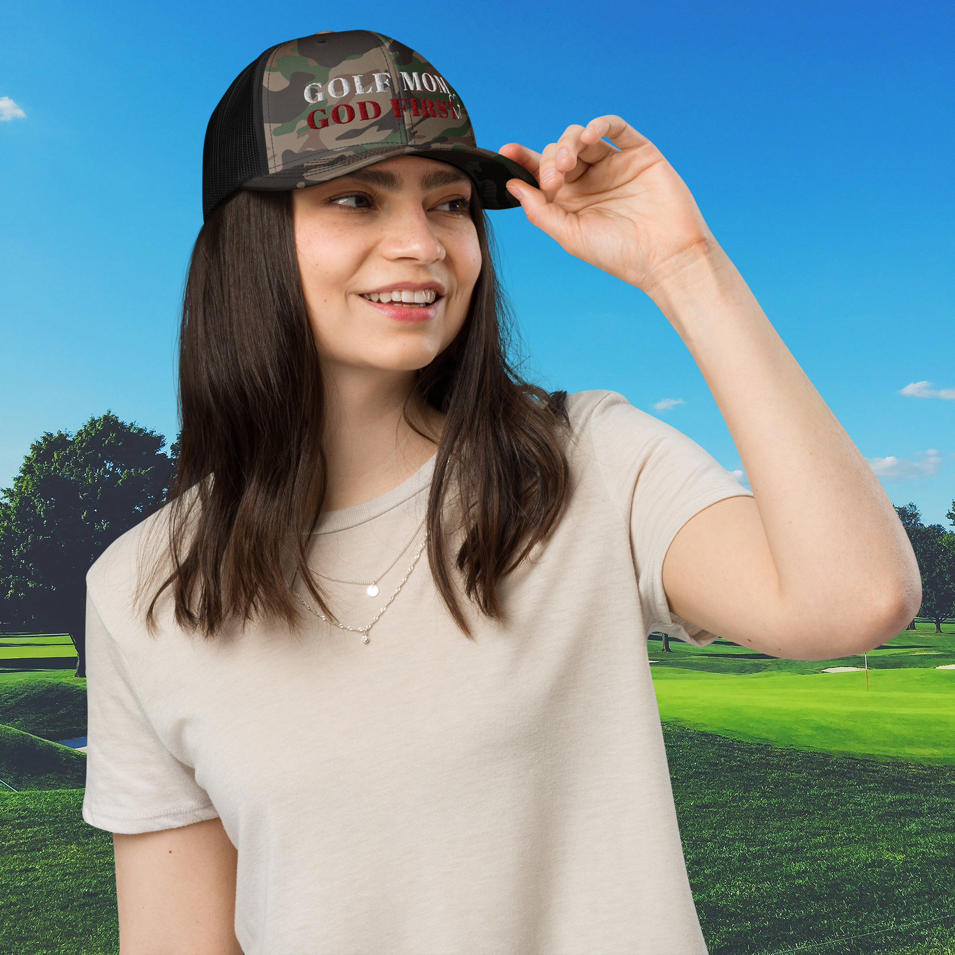 Black trucker hat golf mom god first gift for women