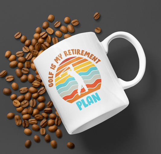 Mug with Golf Is My Retirement Plan text and colorful sunset design