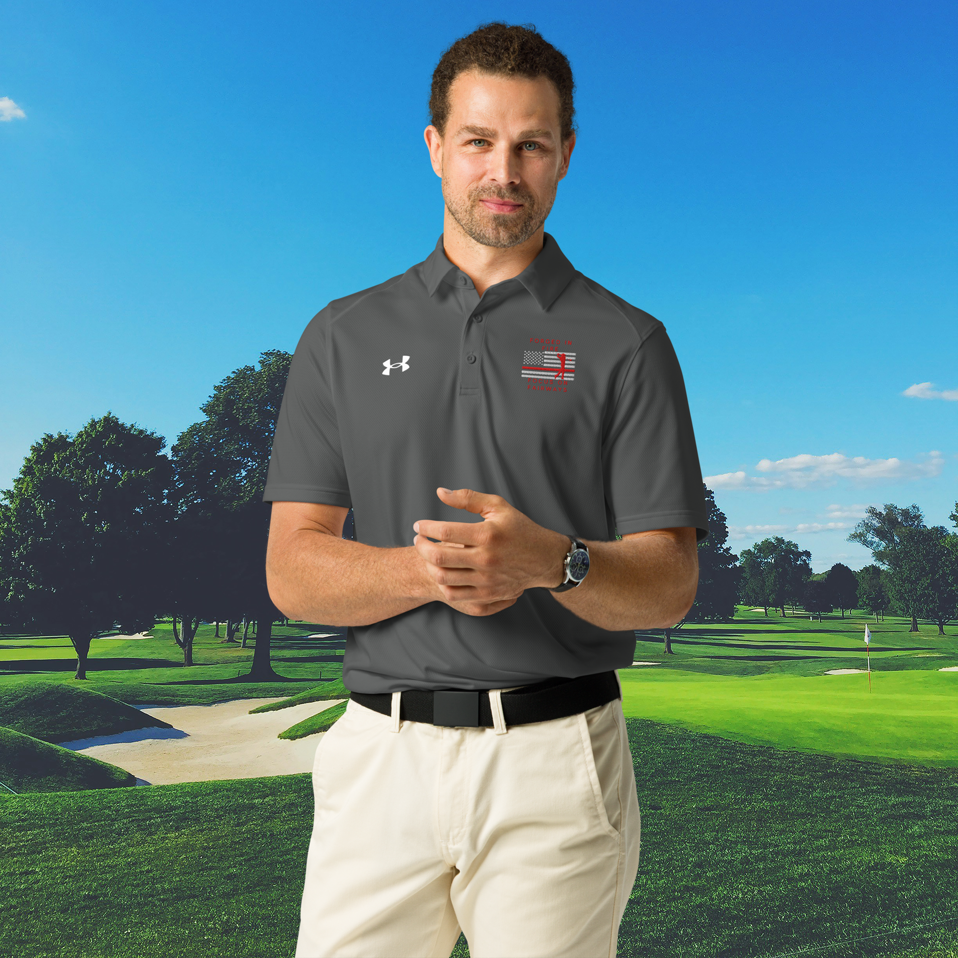 Grey men's Under Armour fire service shirt with Forged in Fire Focus on Fairways design