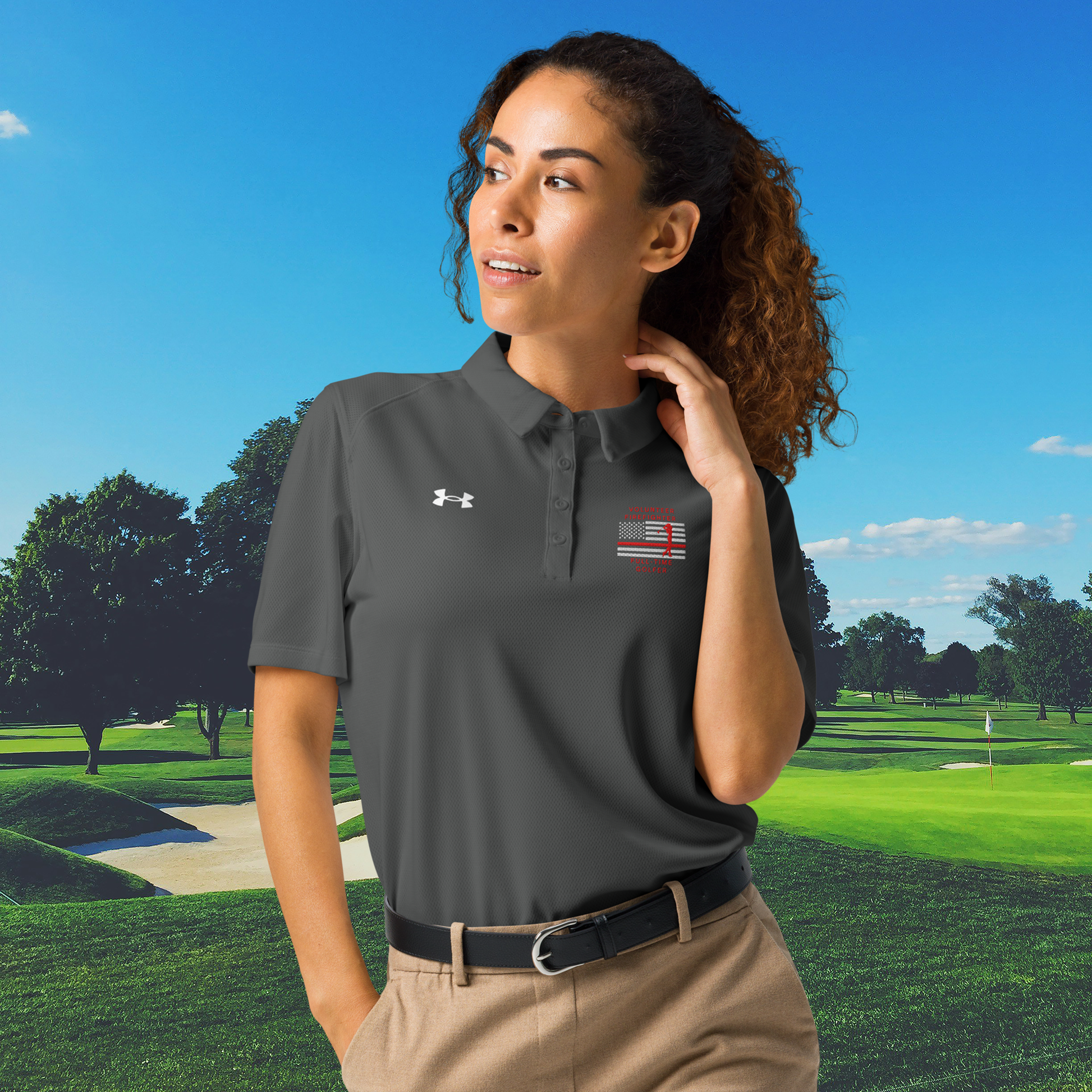 Grey women's Under Armour polo volunteer firefighter shirt embroidered thin red line