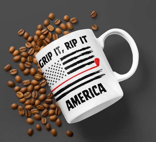 Mug with Grip It Rip It America text and distressed flag design