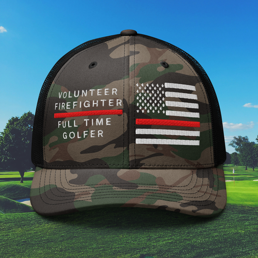 Camo trucker hat volunteer firefighter full time golfer embroidery front view