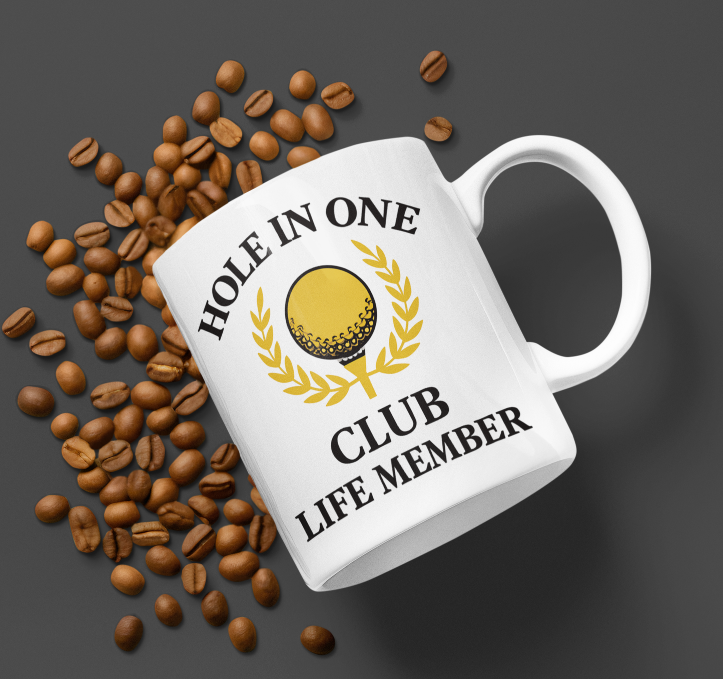Mug with Hole in One Club Life Member text and golden emblem