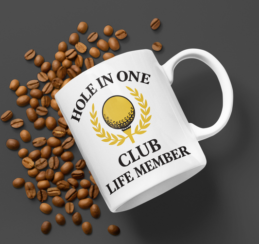 Mug with Hole in One Club Life Member text and golden emblem
