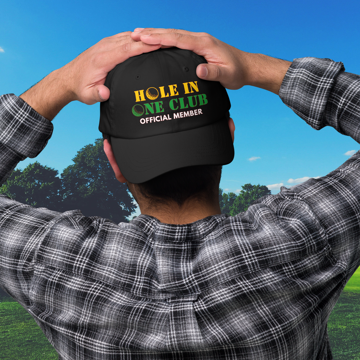 black golf hat with hole in one club official member design