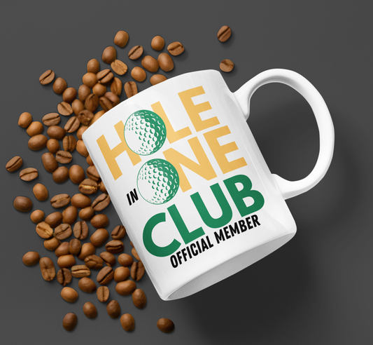 Mug with Hole in One Club Official Member text and golf ball design