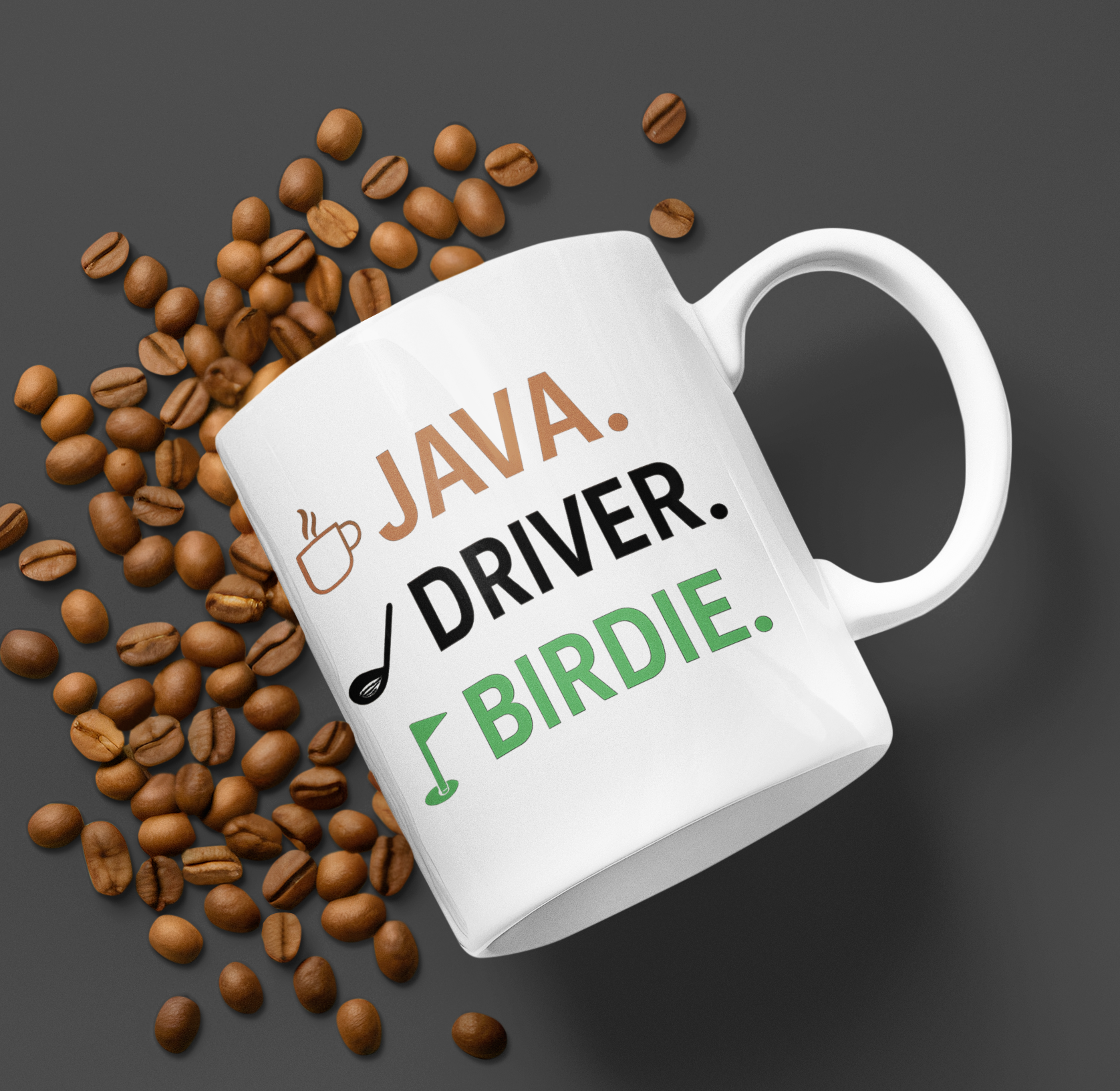Mug with JAVA DRIVER BIRDIE text and golf-themed icons