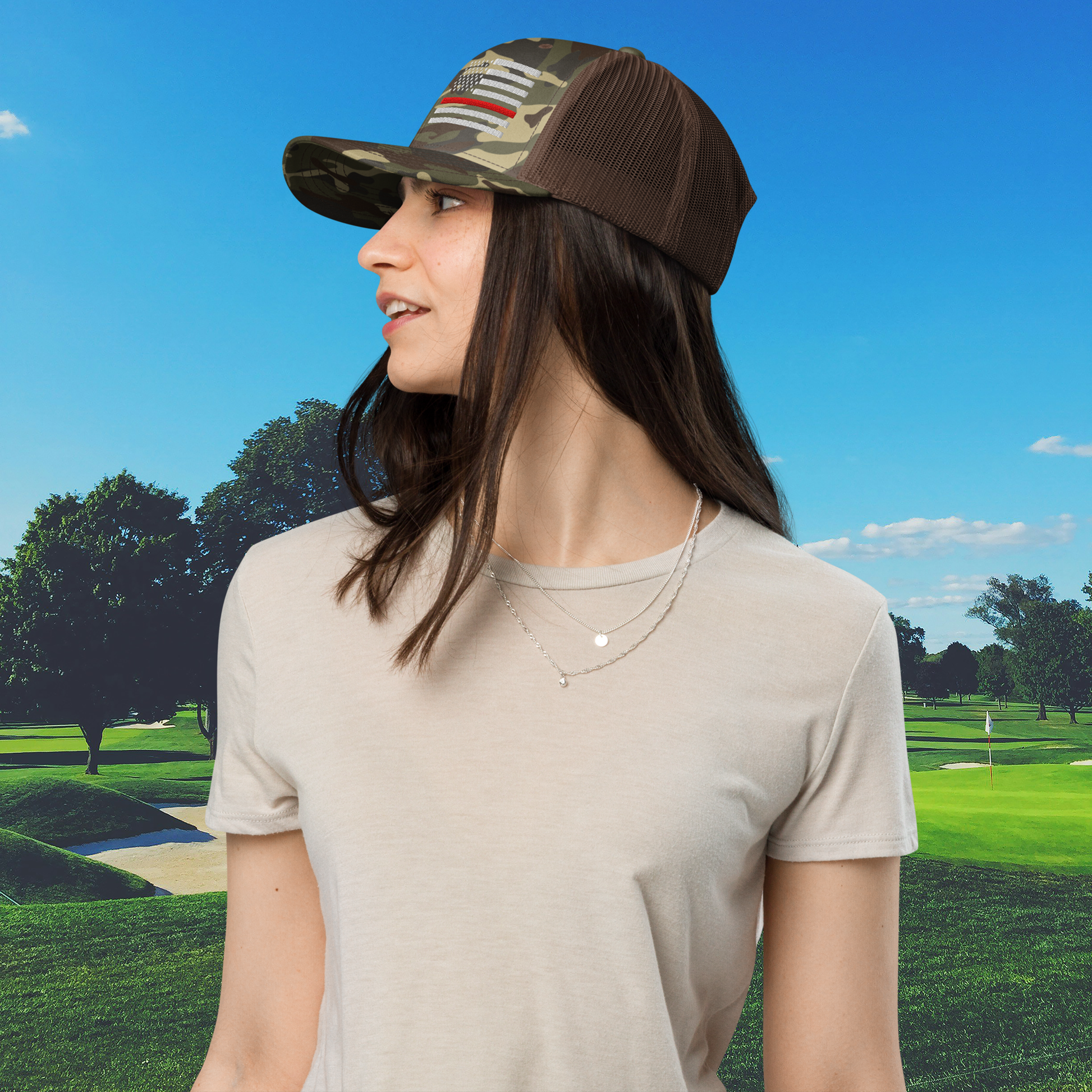 Brown snapback trucker cap for fire service women with slogan text