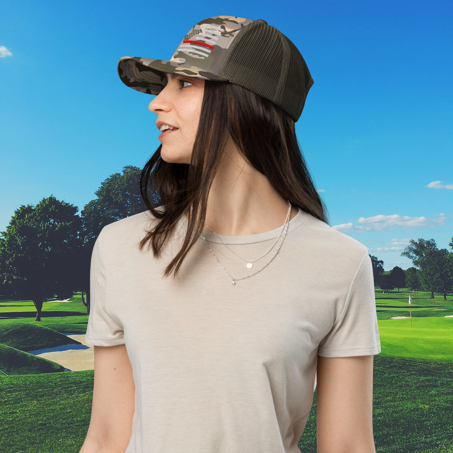 Olive snapback trucker cap for fire service women with slogan text