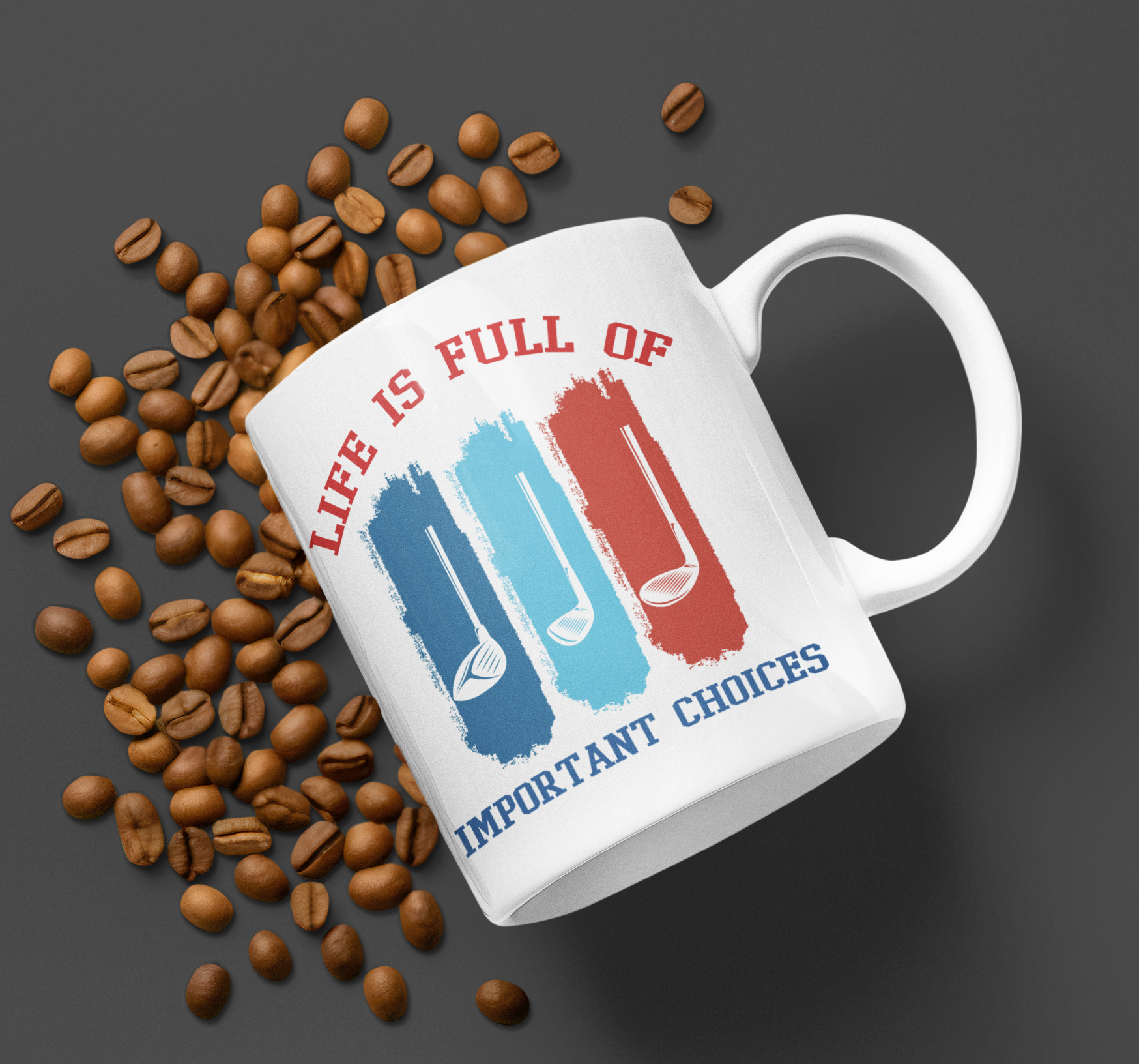 Mug with three golf clubs and humorous text about choices