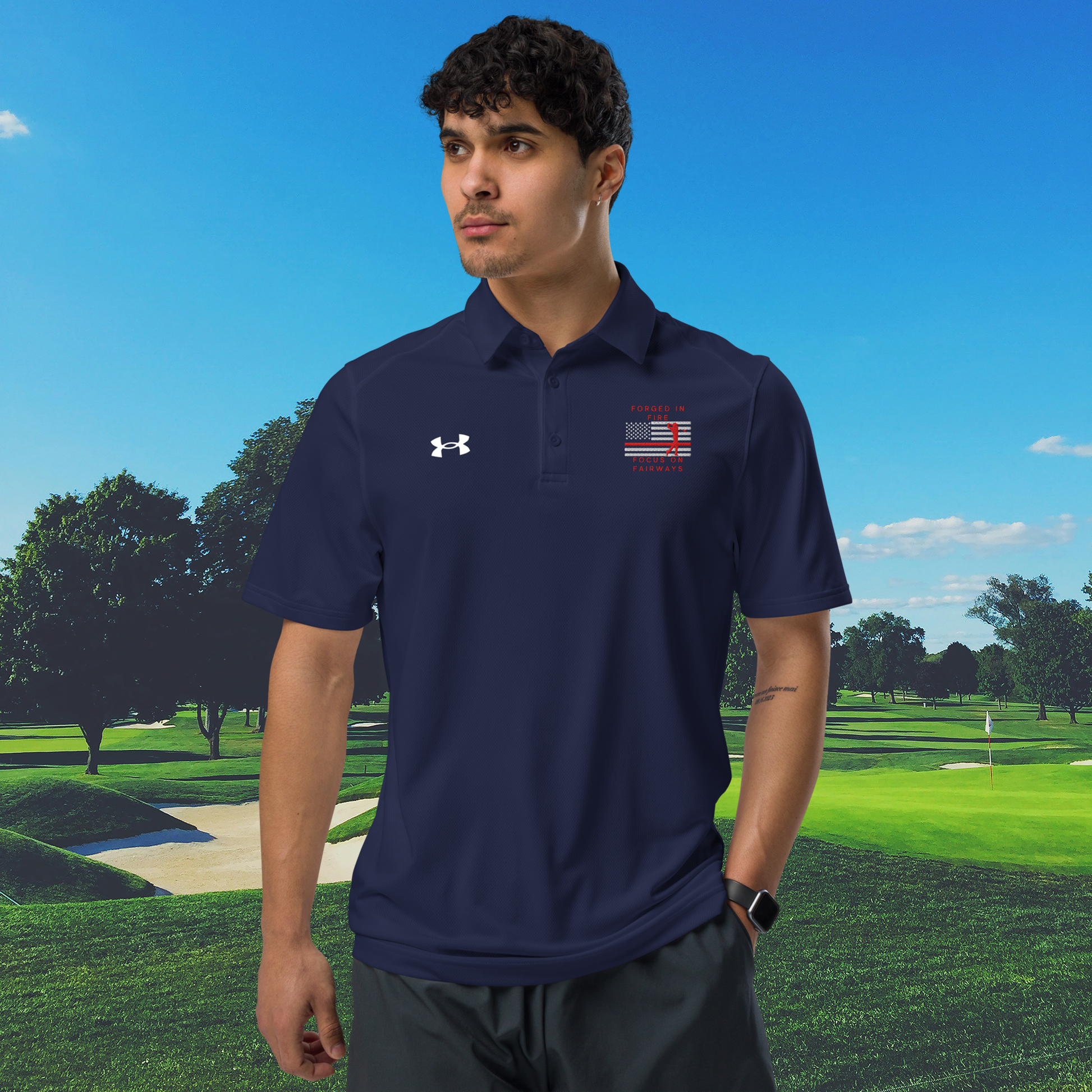 Navy men's Under Armour fire service shirt with Forged in Fire Focus on Fairways design