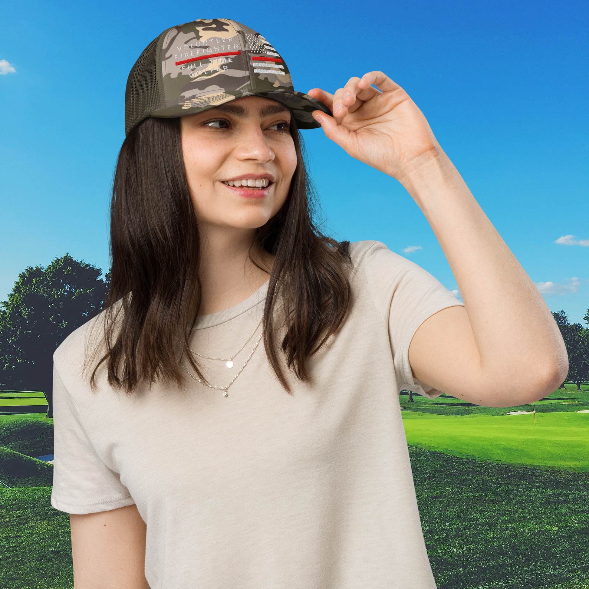 Olive camo structured cap volunteer firefighter golfer thin red line flag