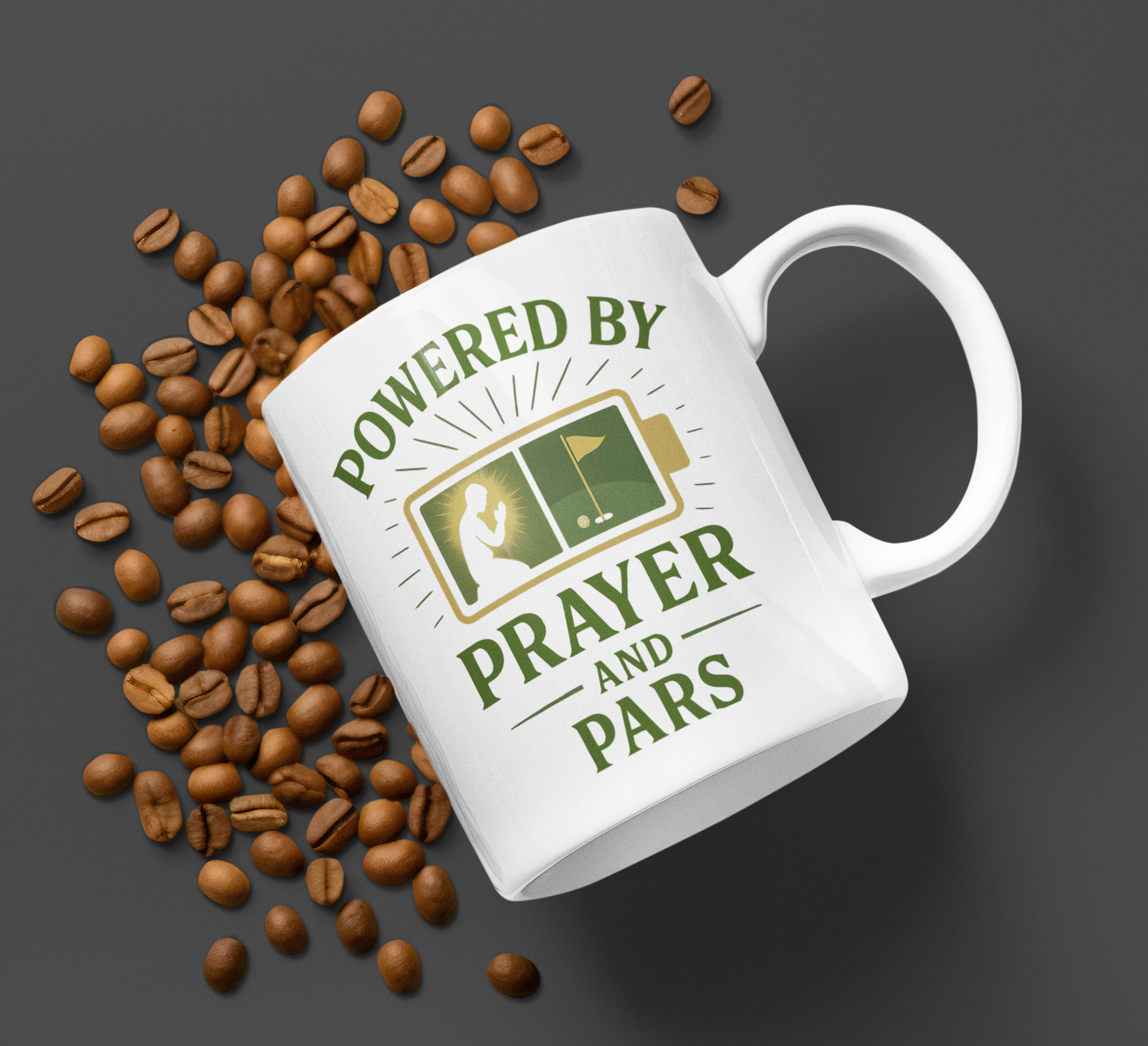 Mug with powered by prayer and pars battery-themed graphic