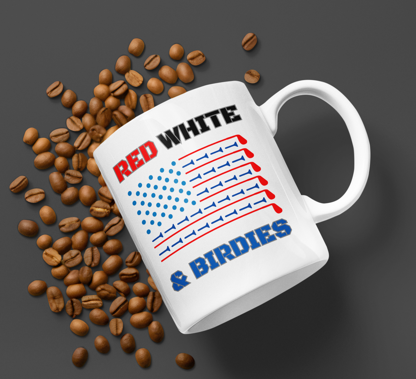 Coffee mug with red, white, and blue golf tee flag design
