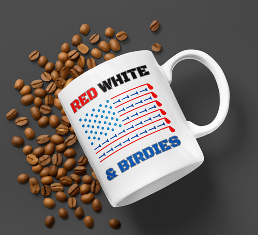 Coffee mug with red, white, and blue golf tee flag design