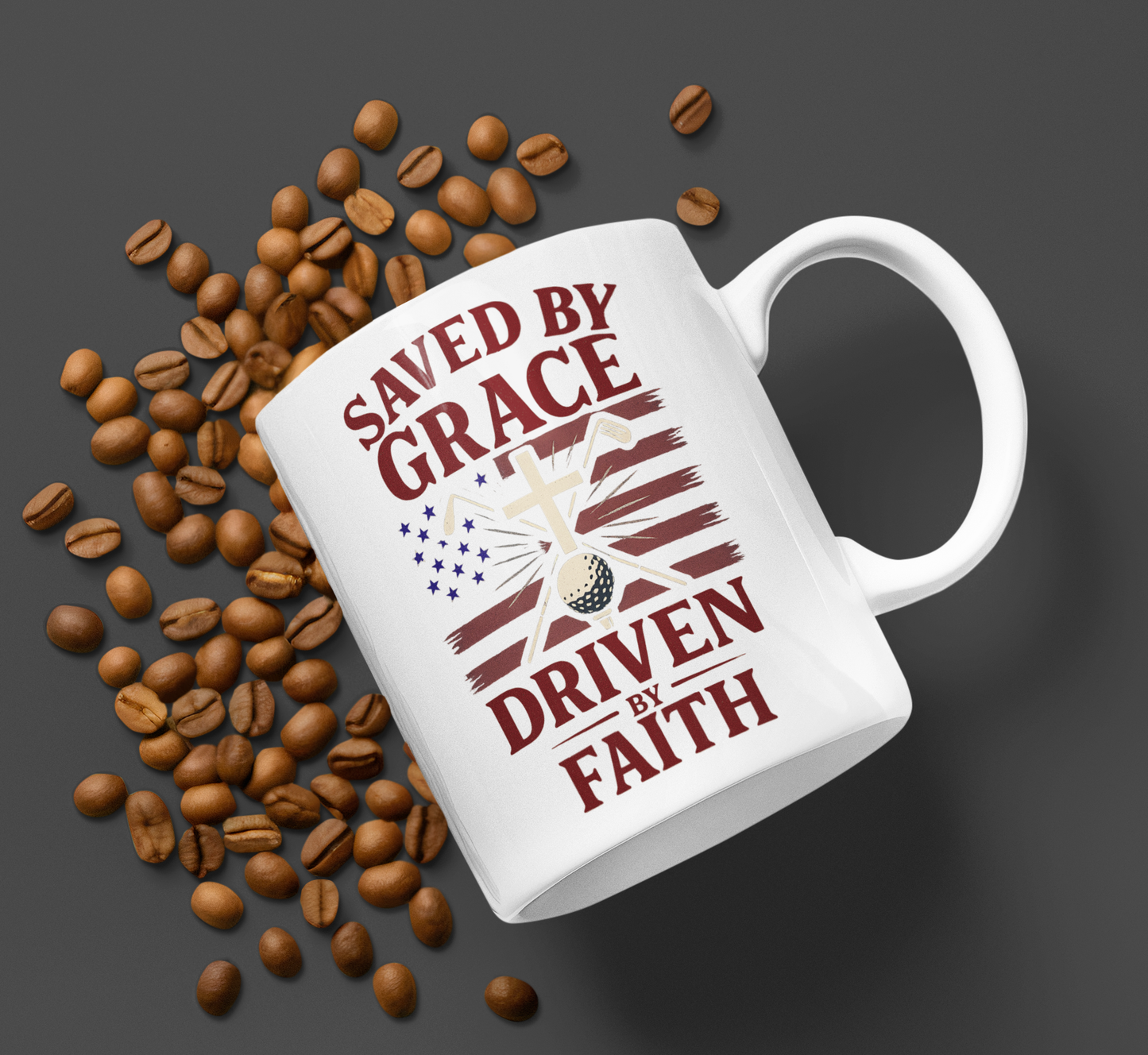 Faith and golf-themed mug with cross and golf club design