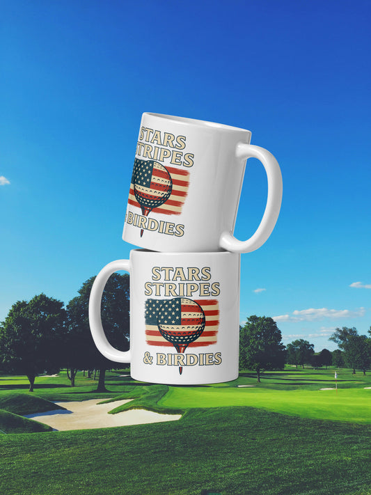 Patriotic golf mug with Stars Stripes and Birdies design