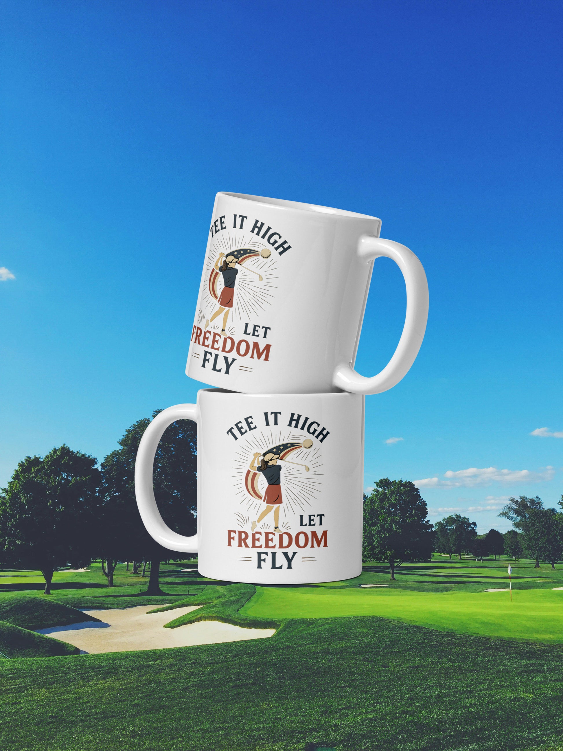 Patriotic women’s golf mug featuring female golfer with red, white, and blue ribbon