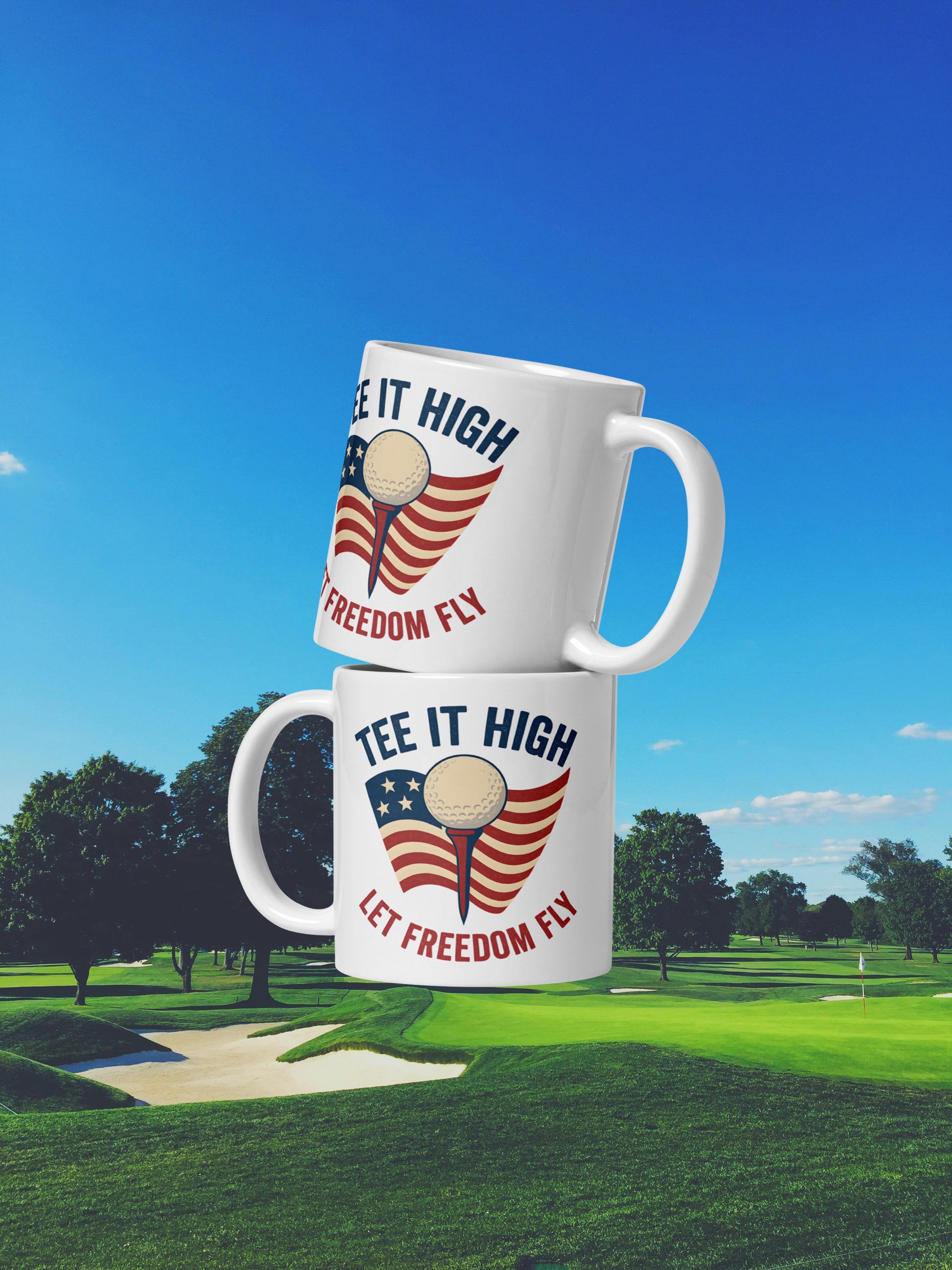 Freedom-themed golfer mug with red, white, and blue detailing